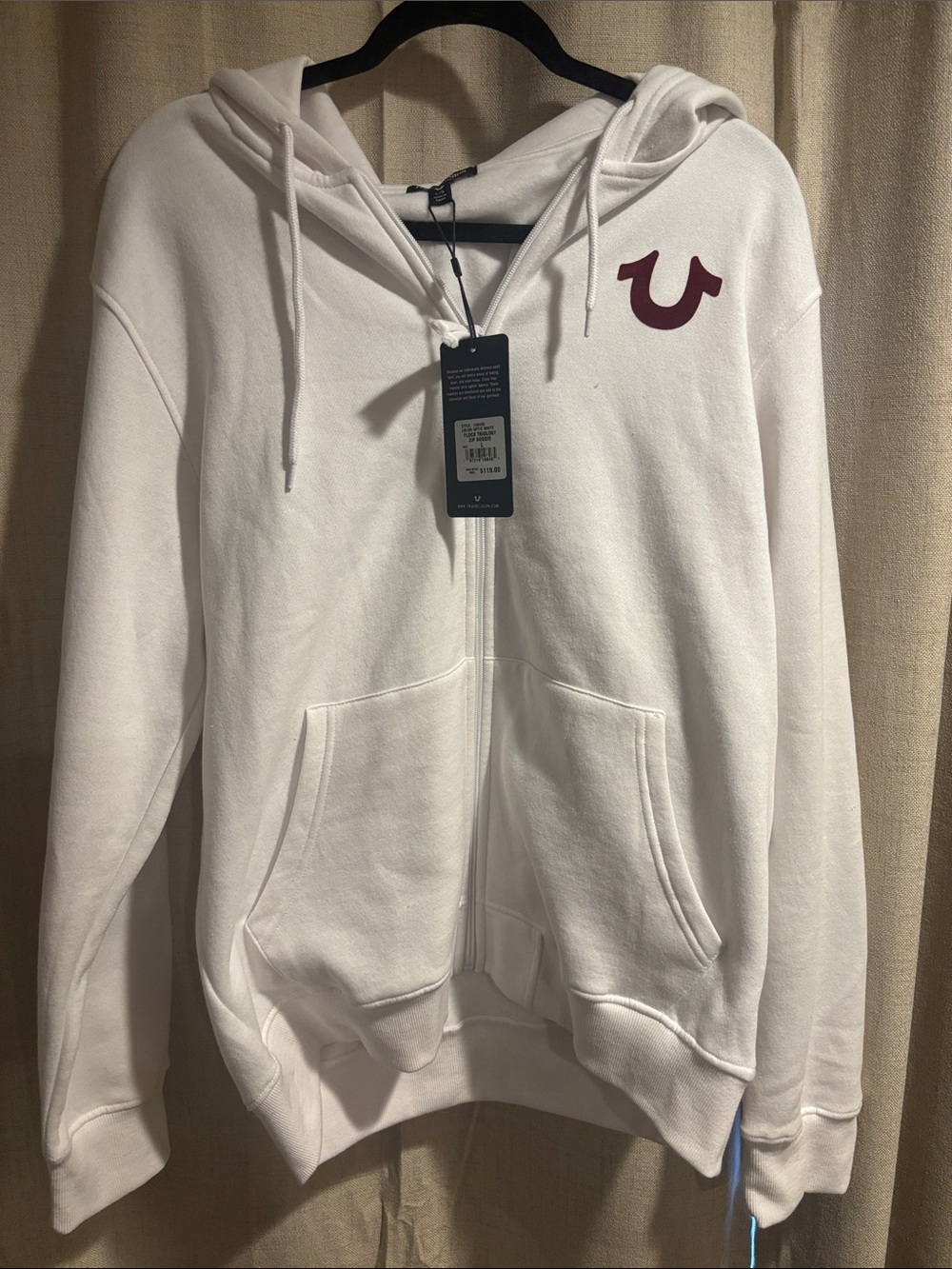 True Religion White Full-Zip Hoodie with Maroon Horseshoe